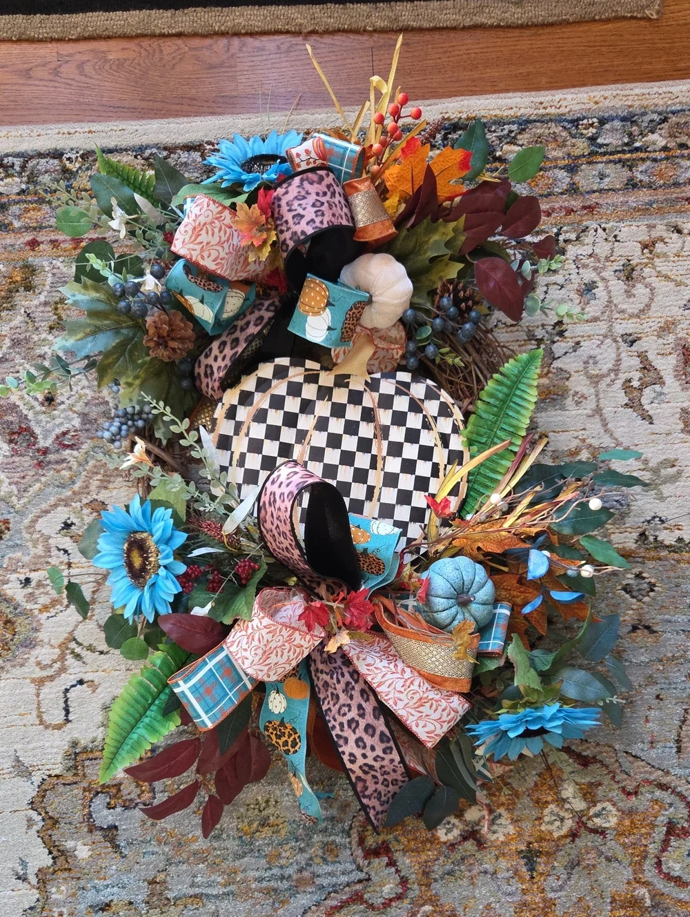 Handcrafted Blue & Teal Floral Fall Wreath with Black & White Check Pumpkin